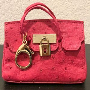 REAL Exotic Ostrich Birkins Bag Charm for Handbag w/ Key Chain Lock Genuine NEW